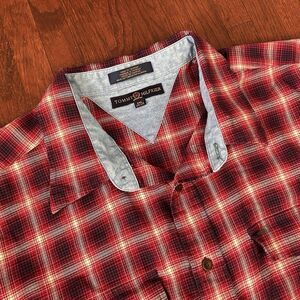 Tommy Hilfiger 2XL Vintage Y2k Crested Plaid Flannel Shirt Red Blue 100% Cotton